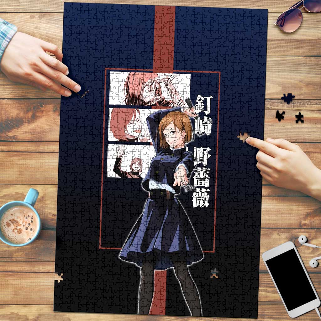 Nobara Kugisaki from Jujutsu Kaisen Puzzle with Dark Blue and Red Background and Multiple Poses Design - The Mazicc