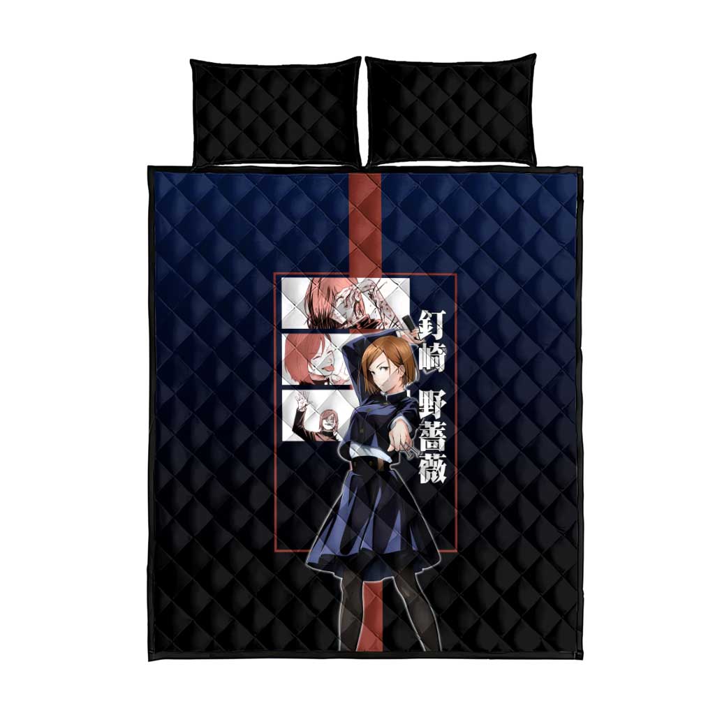 Nobara Kugisaki from Jujutsu Kaisen Quilt Bed Set with Dark Blue and Red Background and Multiple Poses Design - The Mazicc