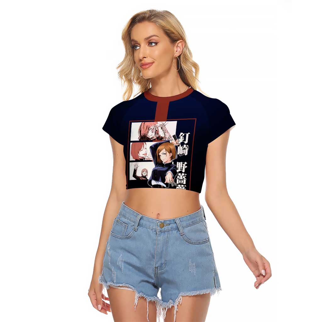 Nobara Kugisaki from Jujutsu Kaisen Raglan Cropped T Shirt with Dark Blue and Red Background and Multiple Poses Design - The Mazicc