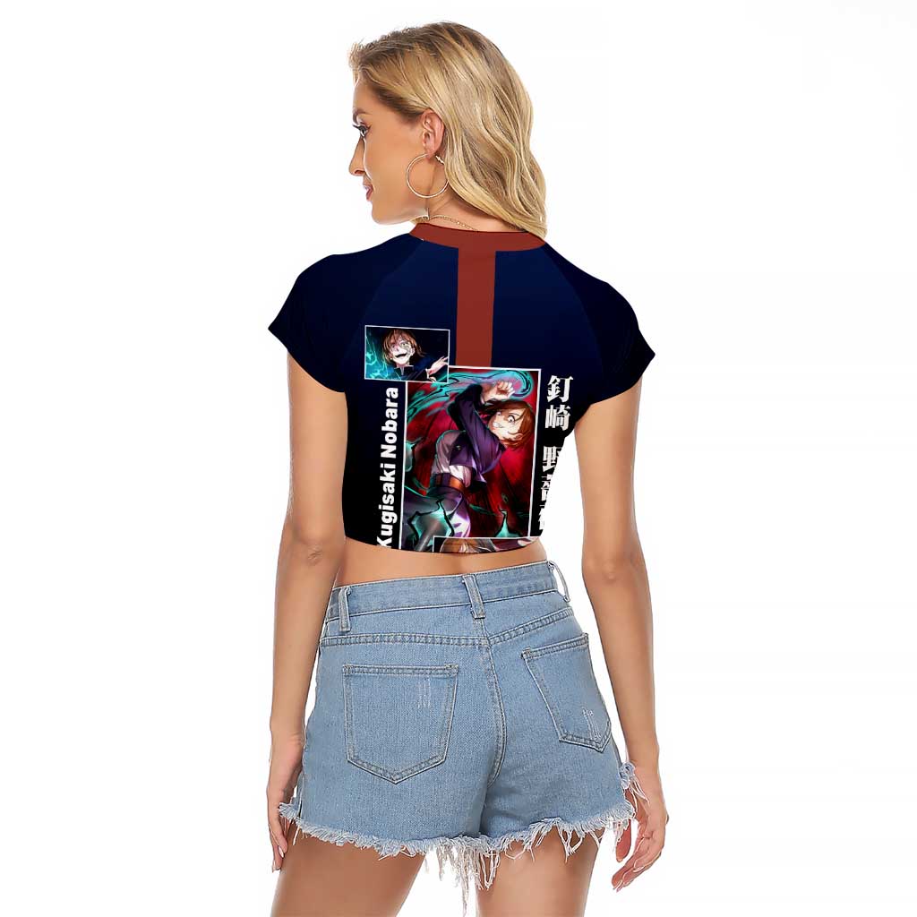 Nobara Kugisaki from Jujutsu Kaisen Raglan Cropped T Shirt with Dark Blue and Red Background and Multiple Poses Design - The Mazicc