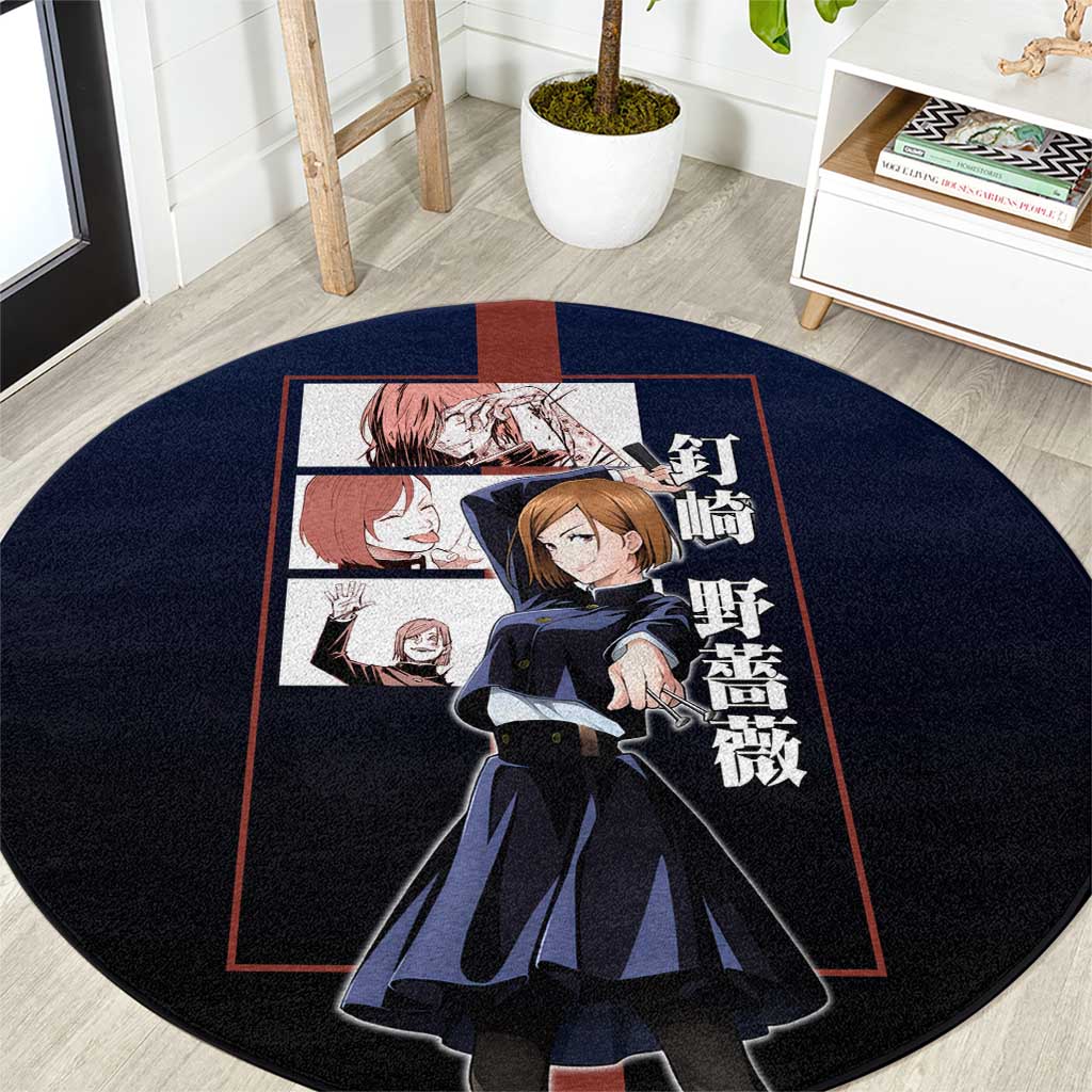 Nobara Kugisaki from Jujutsu Kaisen Round Carpet with Dark Blue and Red Background and Multiple Poses Design - The Mazicc