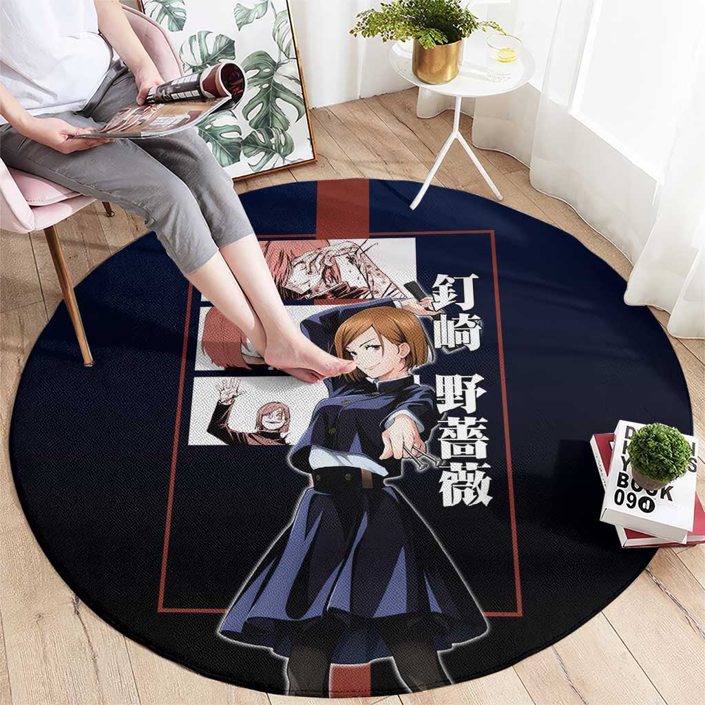 Nobara Kugisaki from Jujutsu Kaisen Round Carpet with Dark Blue and Red Background and Multiple Poses Design - The Mazicc