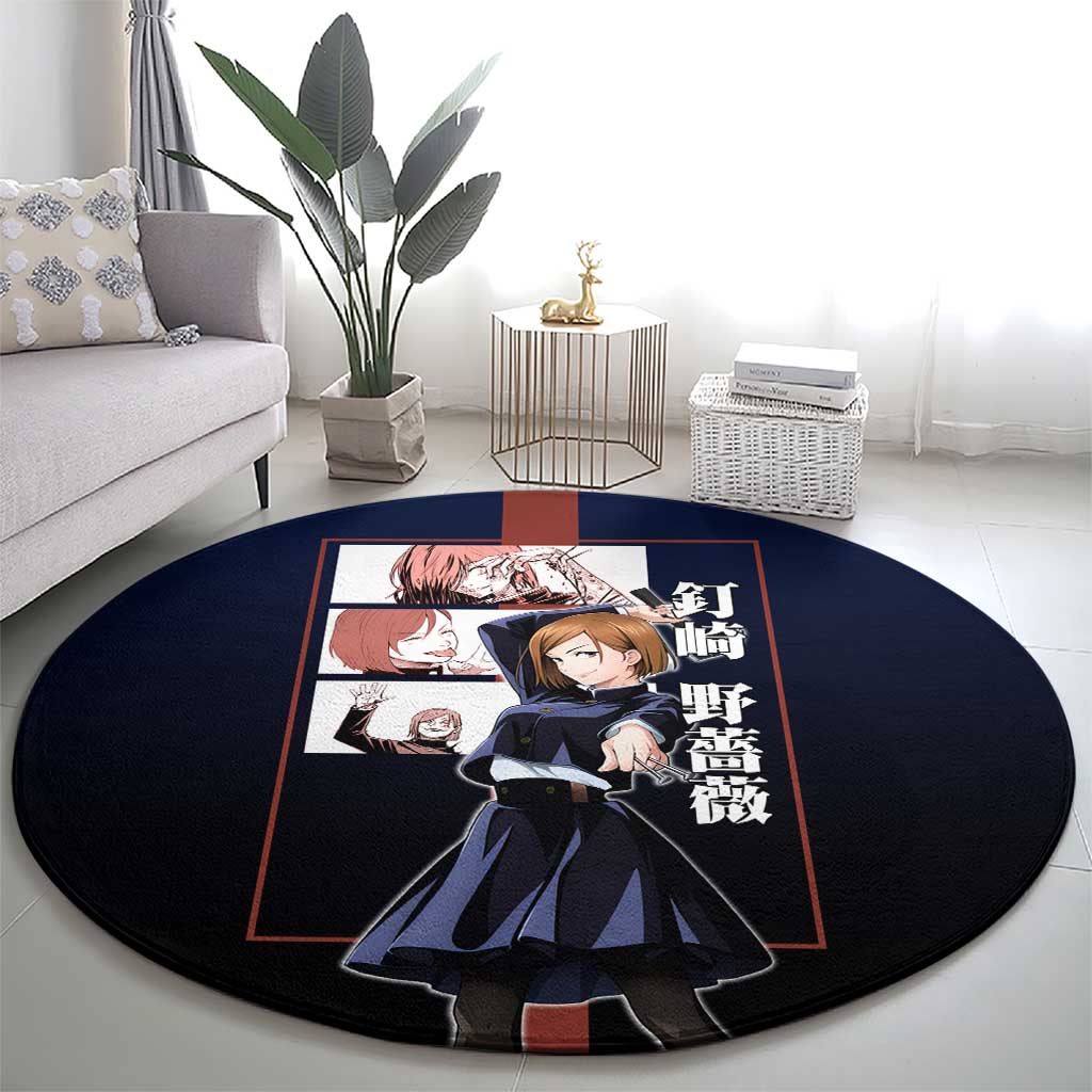 Nobara Kugisaki from Jujutsu Kaisen Round Carpet with Dark Blue and Red Background and Multiple Poses Design - The Mazicc