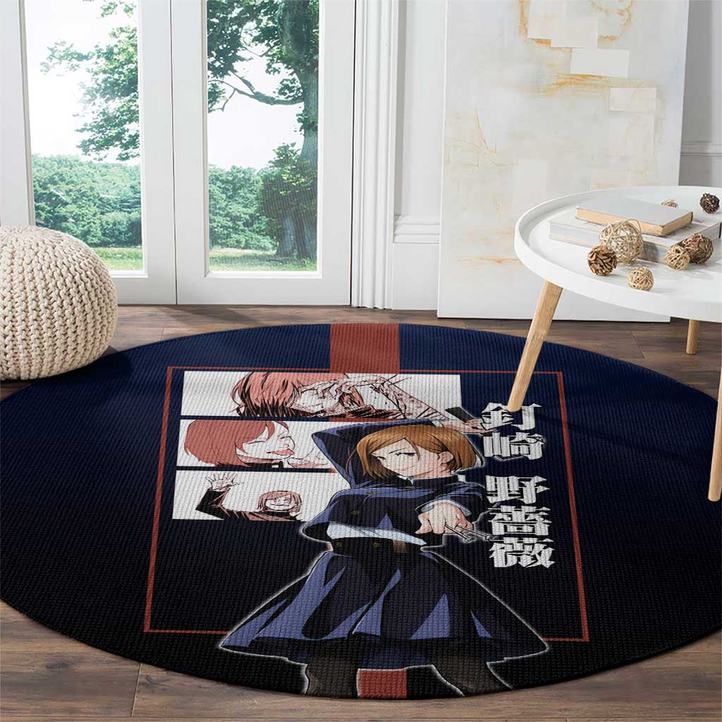 Nobara Kugisaki from Jujutsu Kaisen Round Carpet with Dark Blue and Red Background and Multiple Poses Design - The Mazicc
