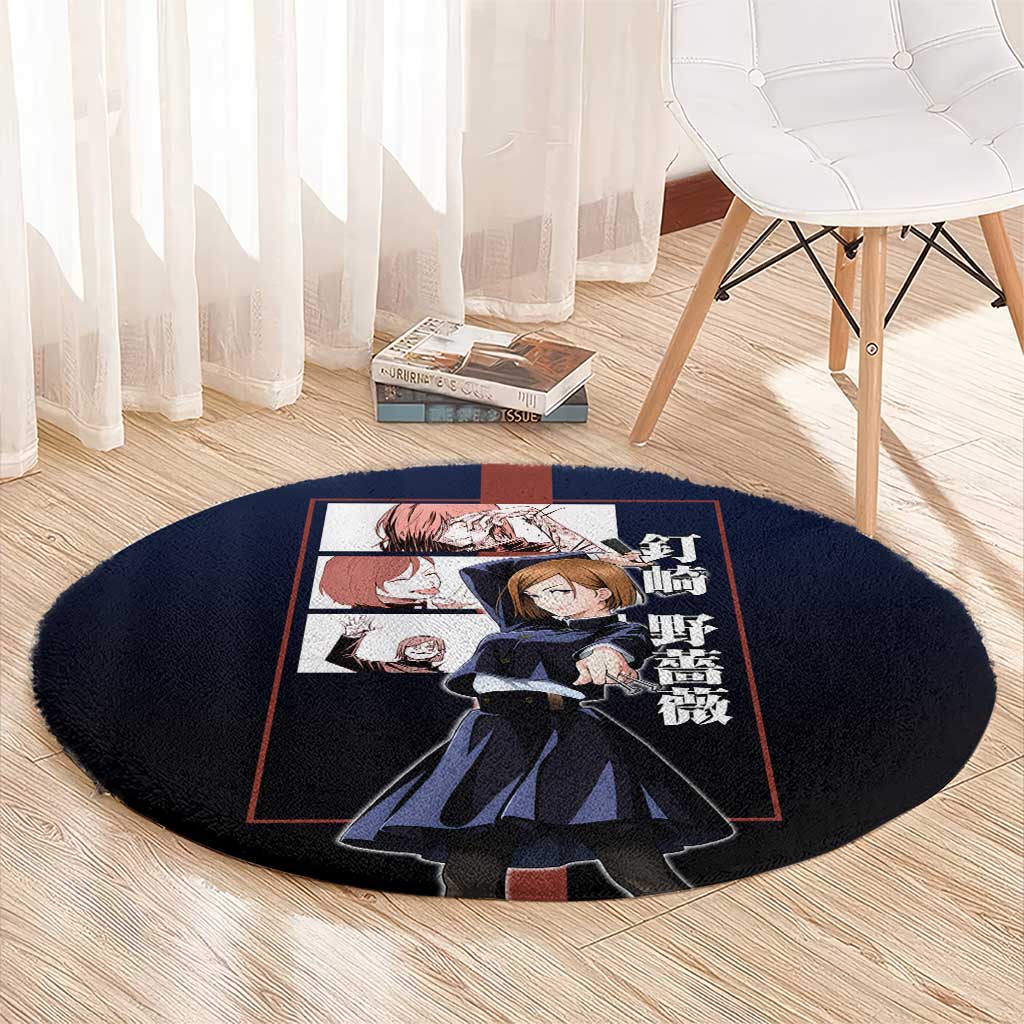 Nobara Kugisaki from Jujutsu Kaisen Round Carpet with Dark Blue and Red Background and Multiple Poses Design - The Mazicc
