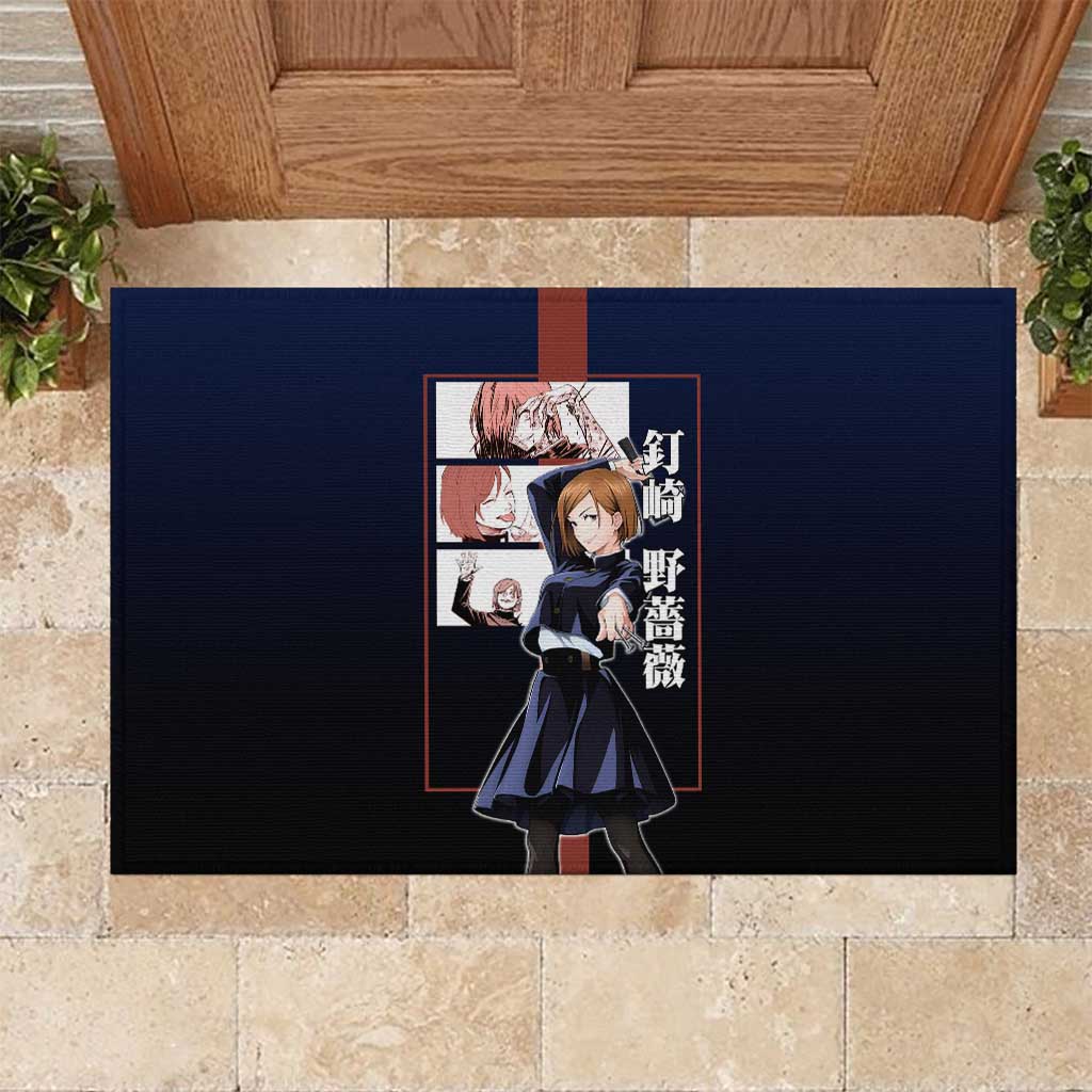 Nobara Kugisaki from Jujutsu Kaisen Rubber Doormat with Dark Blue and Red Background and Multiple Poses Design - The Mazicc