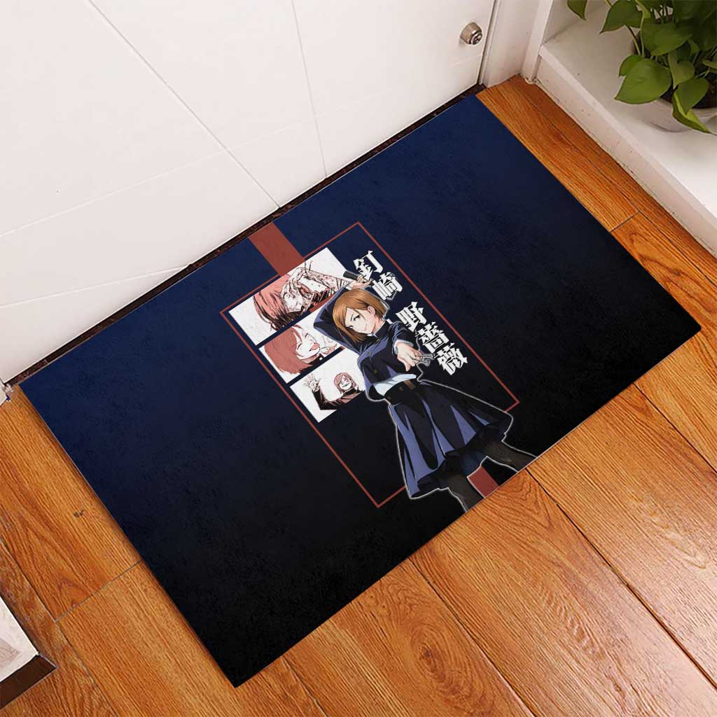 Nobara Kugisaki from Jujutsu Kaisen Rubber Doormat with Dark Blue and Red Background and Multiple Poses Design - The Mazicc