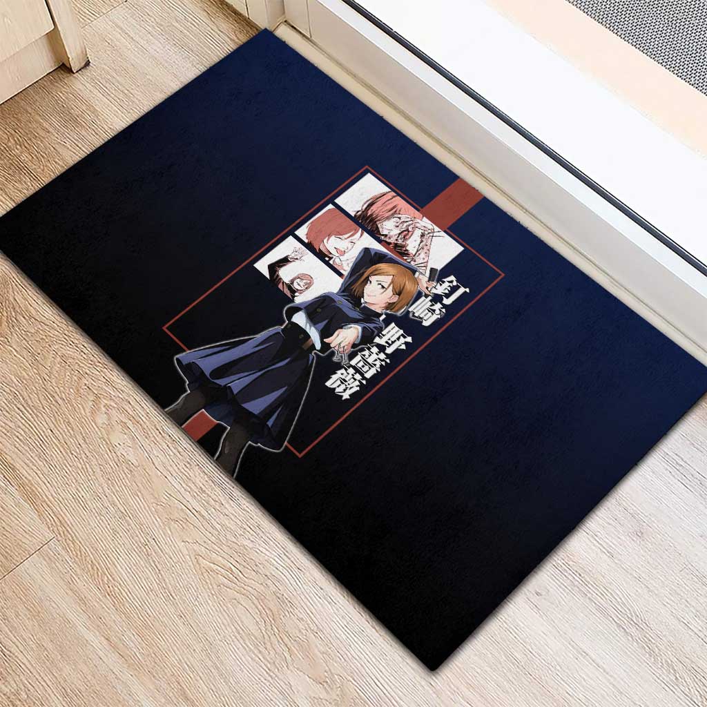 Nobara Kugisaki from Jujutsu Kaisen Rubber Doormat with Dark Blue and Red Background and Multiple Poses Design - The Mazicc
