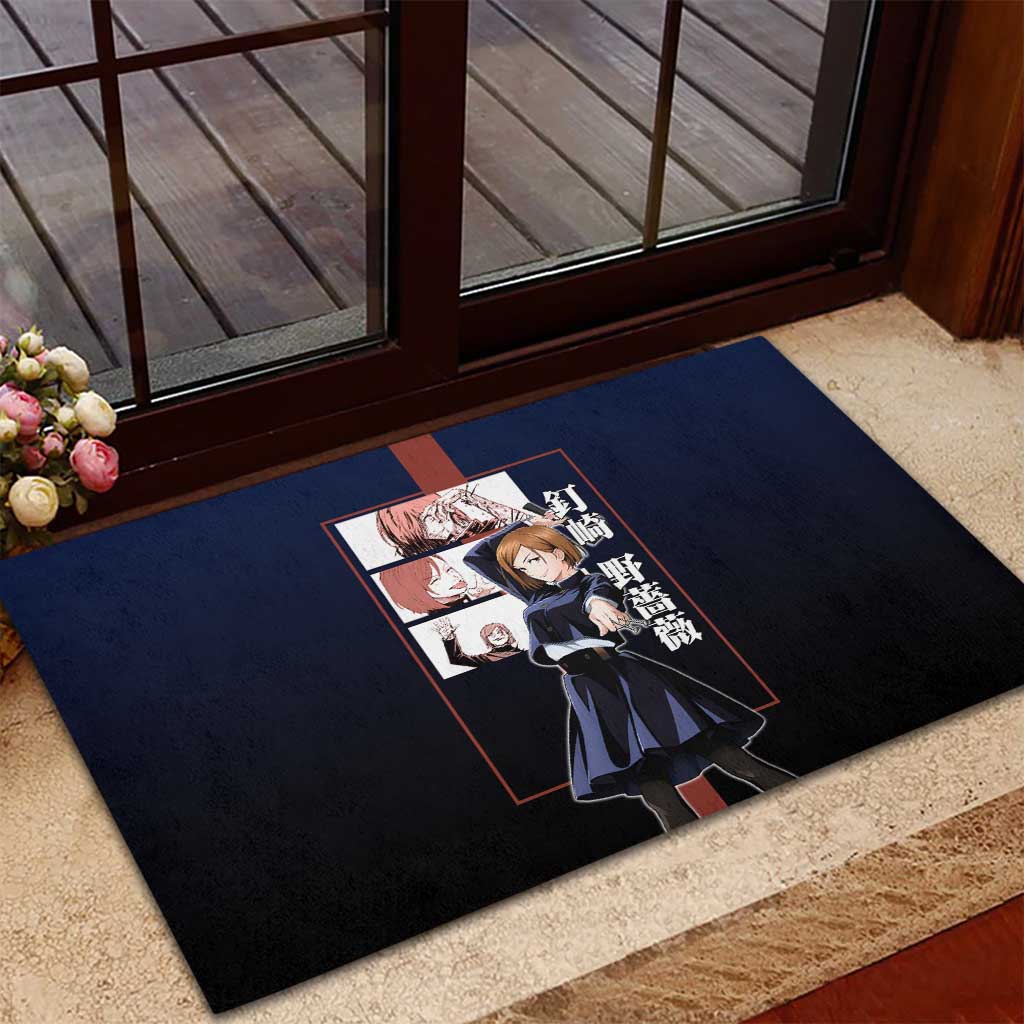 Nobara Kugisaki from Jujutsu Kaisen Rubber Doormat with Dark Blue and Red Background and Multiple Poses Design - The Mazicc