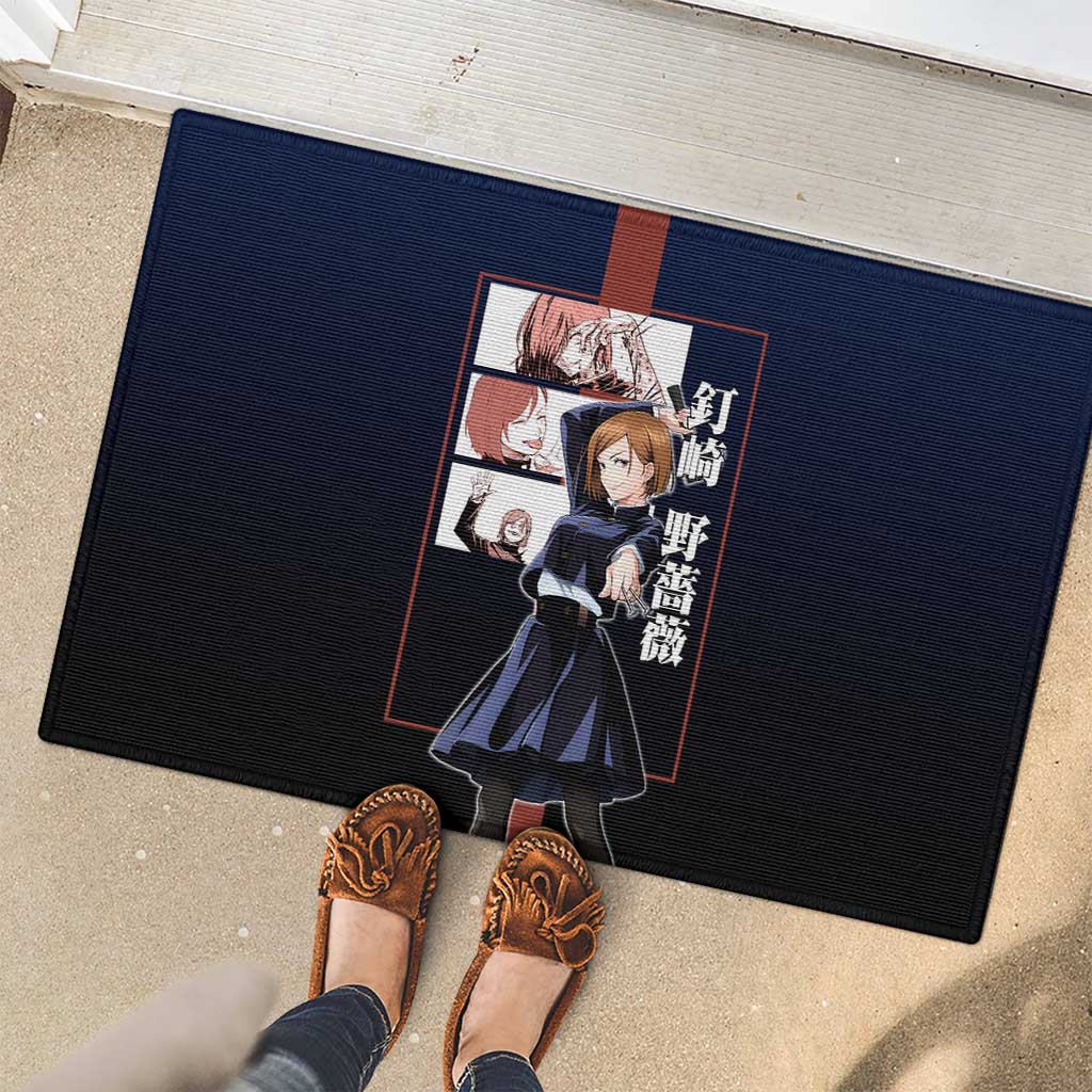 Nobara Kugisaki from Jujutsu Kaisen Rubber Doormat with Dark Blue and Red Background and Multiple Poses Design - The Mazicc
