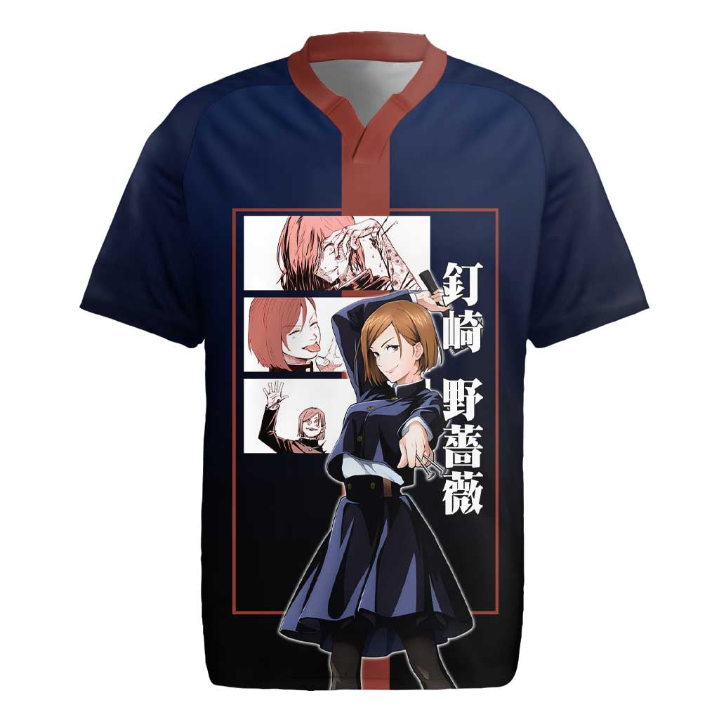 Nobara Kugisaki from Jujutsu Kaisen Rugby Jersey with Dark Blue and Red Background and Multiple Poses Design - The Mazicc