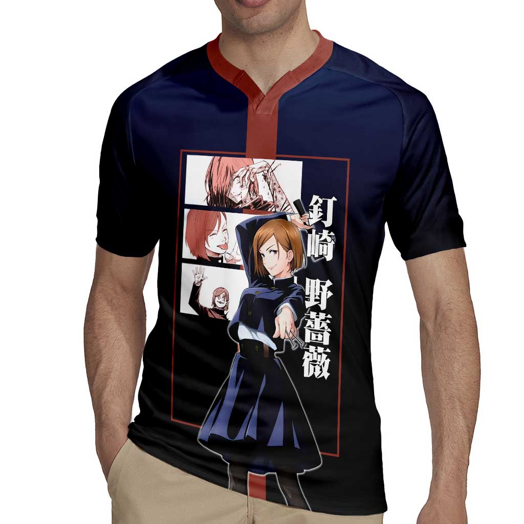 Nobara Kugisaki from Jujutsu Kaisen Rugby Jersey with Dark Blue and Red Background and Multiple Poses Design - The Mazicc