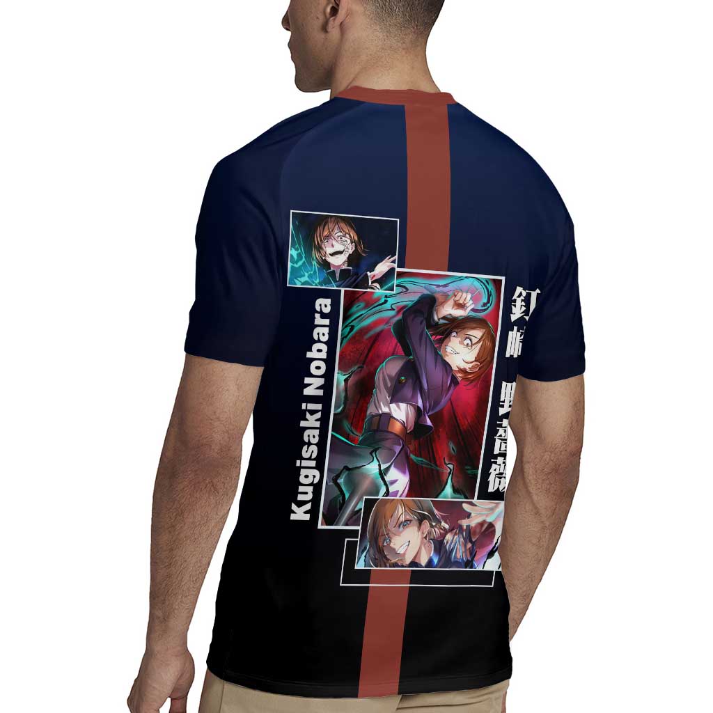 Nobara Kugisaki from Jujutsu Kaisen Rugby Jersey with Dark Blue and Red Background and Multiple Poses Design - The Mazicc