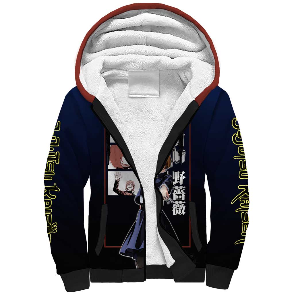 Nobara Kugisaki from Jujutsu Kaisen Sherpa Hoodie with Dark Blue and Red Background and Multiple Poses Design - The Mazicc