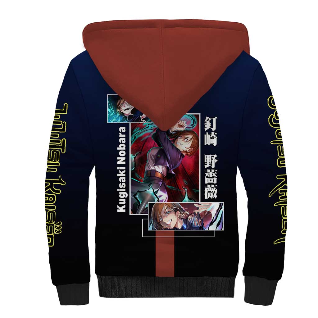Nobara Kugisaki from Jujutsu Kaisen Sherpa Hoodie with Dark Blue and Red Background and Multiple Poses Design - The Mazicc