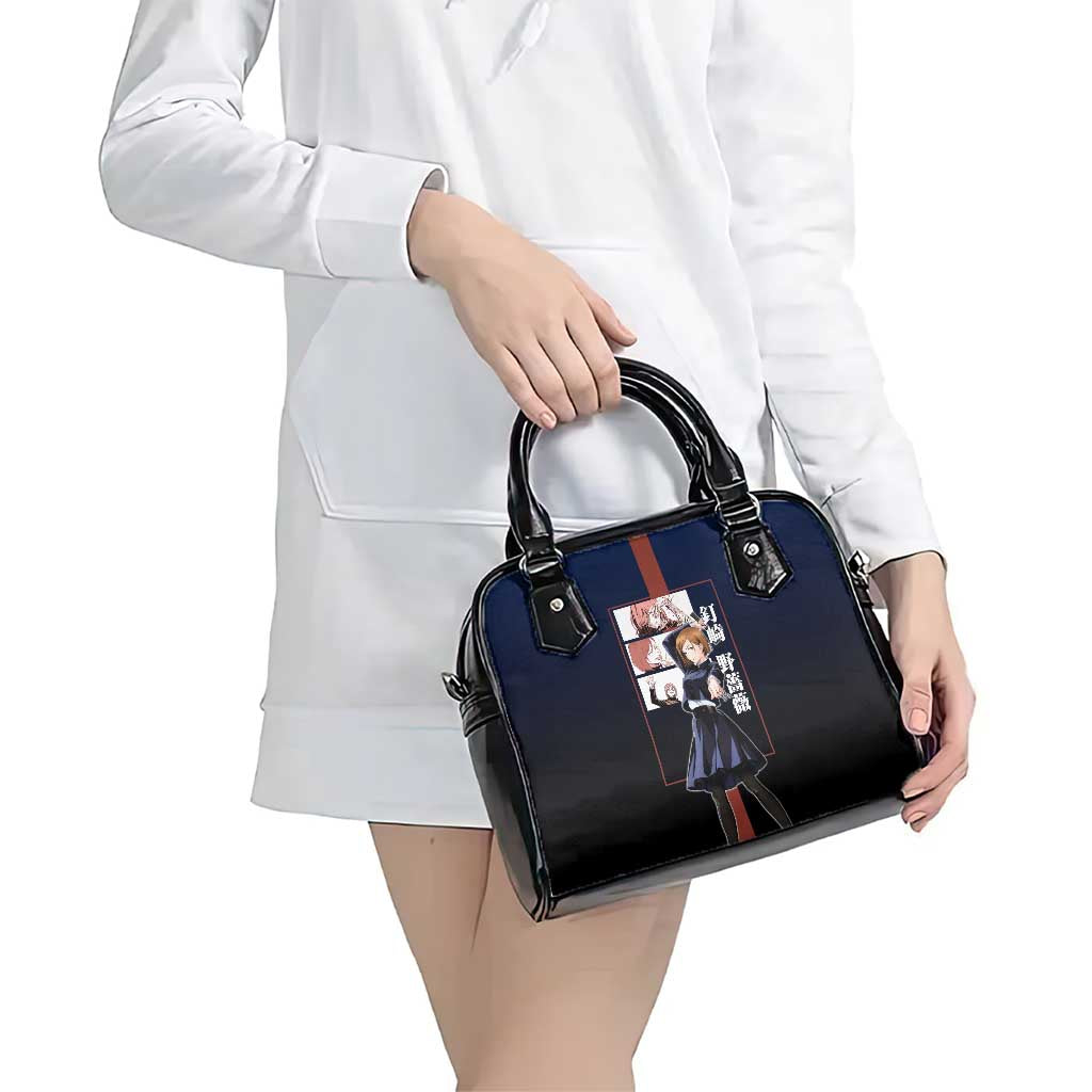 Nobara Kugisaki from Jujutsu Kaisen Shoulder Handbag with Dark Blue and Red Background and Multiple Poses Design - The Mazicc