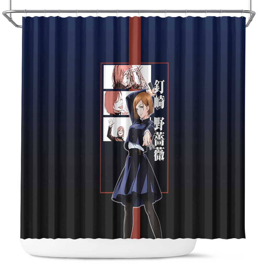 Nobara Kugisaki from Jujutsu Kaisen Shower Curtain with Dark Blue and Red Background and Multiple Poses Design - The Mazicc