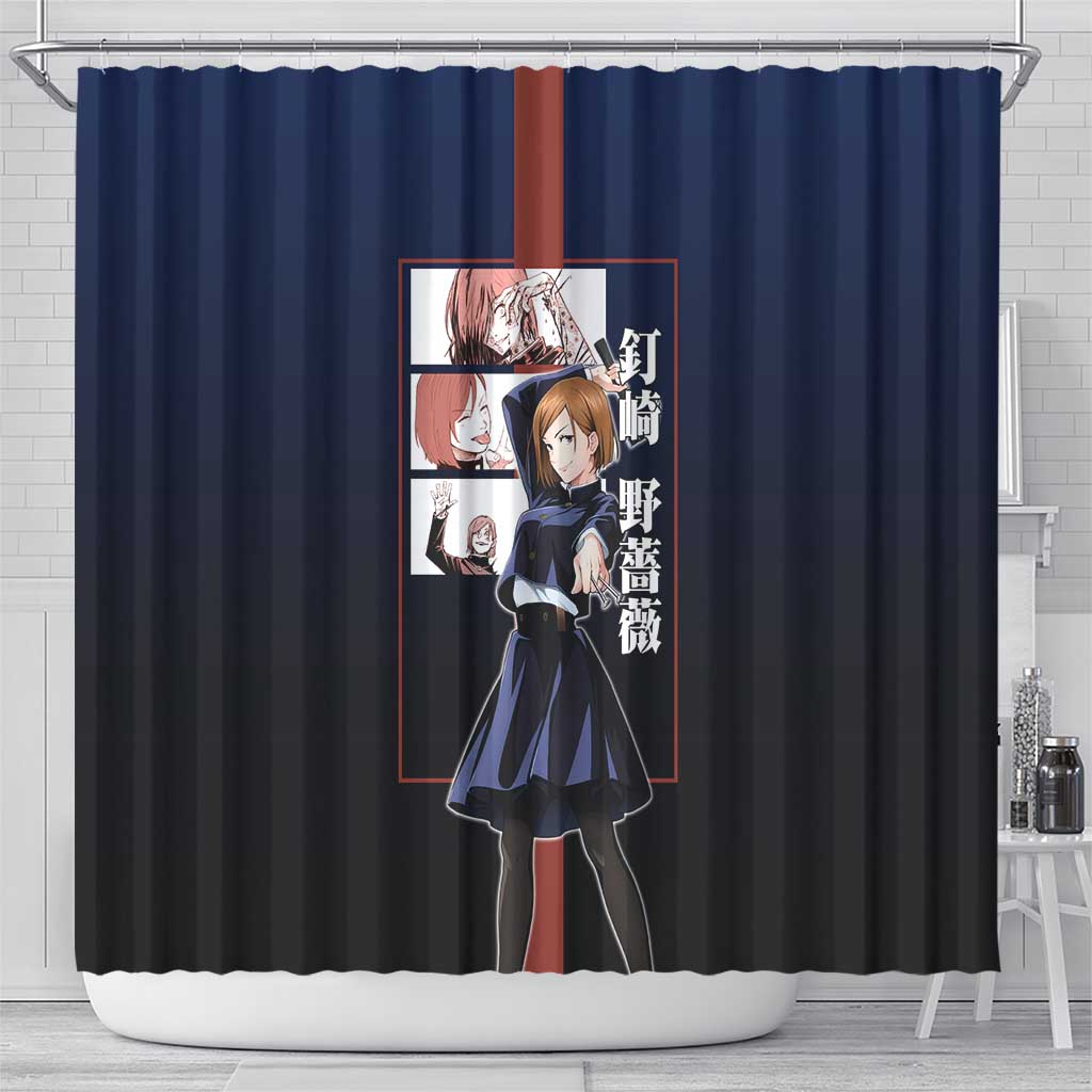 Nobara Kugisaki from Jujutsu Kaisen Shower Curtain with Dark Blue and Red Background and Multiple Poses Design - The Mazicc