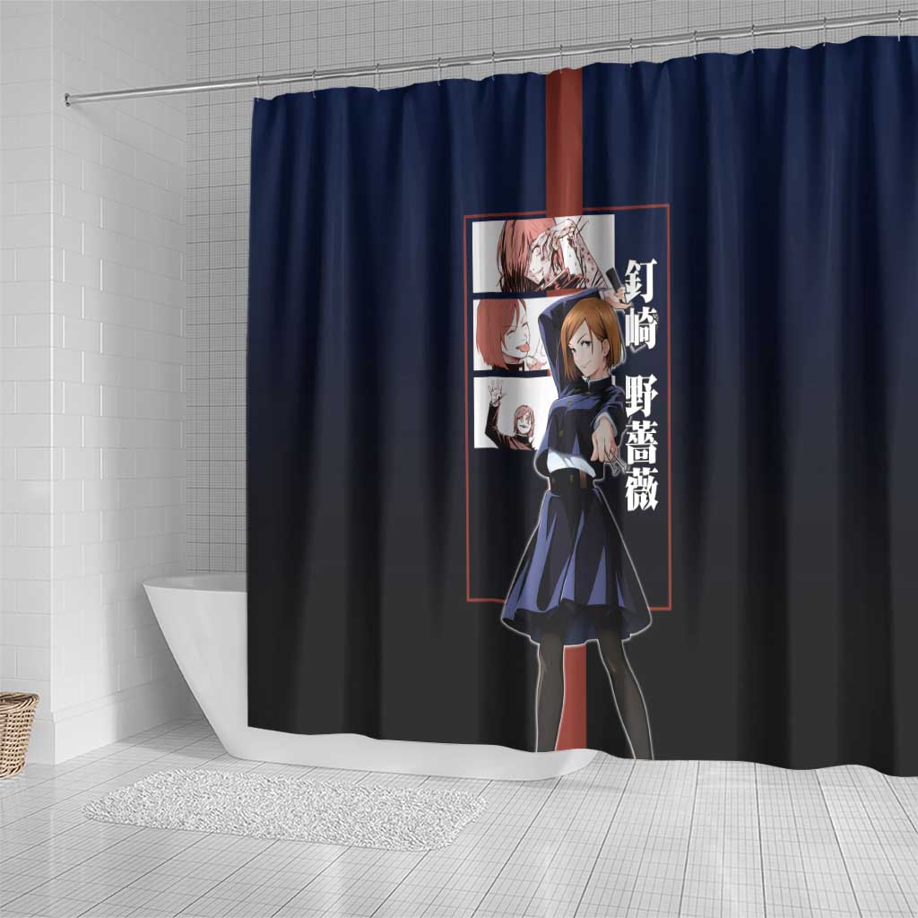 Nobara Kugisaki from Jujutsu Kaisen Shower Curtain with Dark Blue and Red Background and Multiple Poses Design - The Mazicc