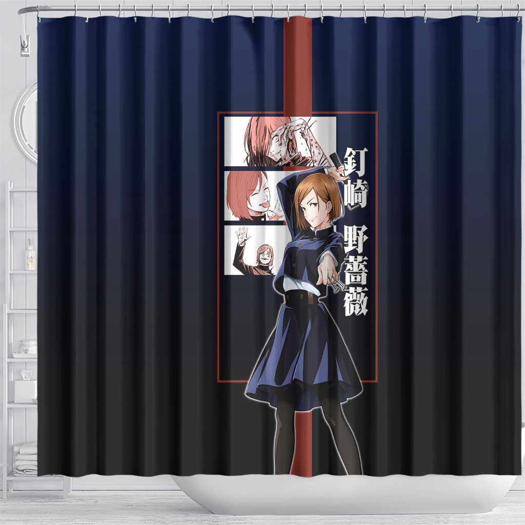 Nobara Kugisaki from Jujutsu Kaisen Shower Curtain with Dark Blue and Red Background and Multiple Poses Design - The Mazicc