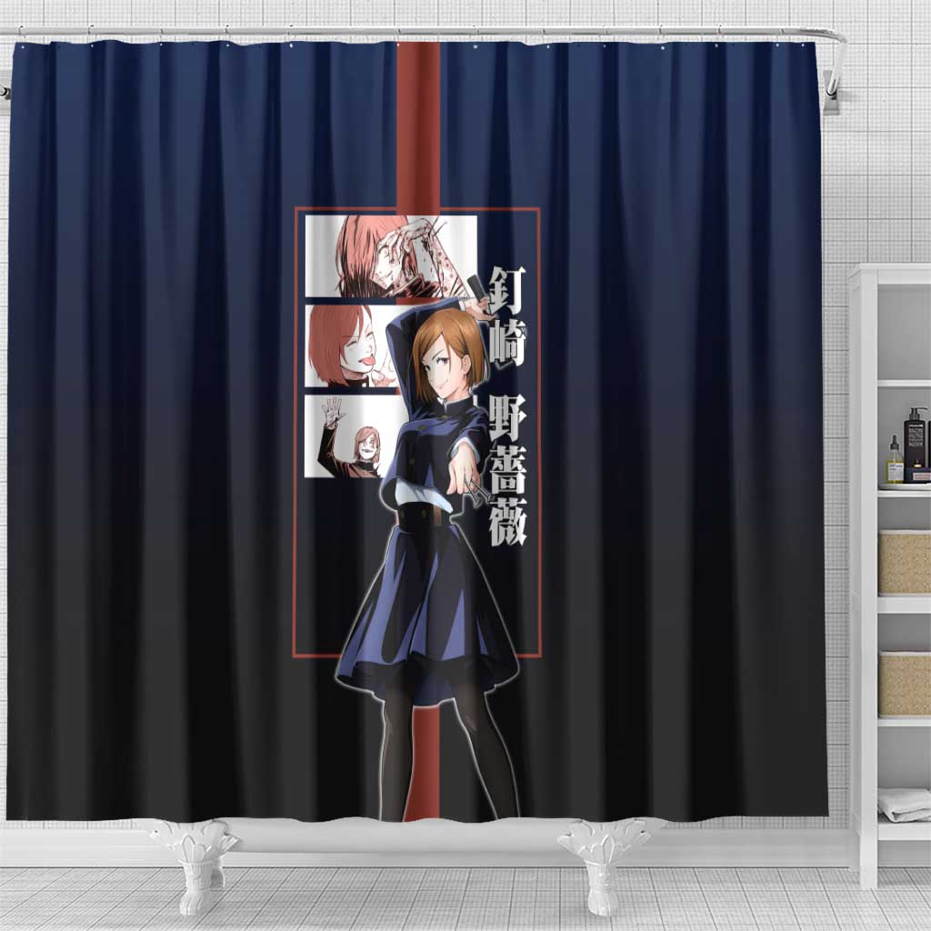 Nobara Kugisaki from Jujutsu Kaisen Shower Curtain with Dark Blue and Red Background and Multiple Poses Design - The Mazicc