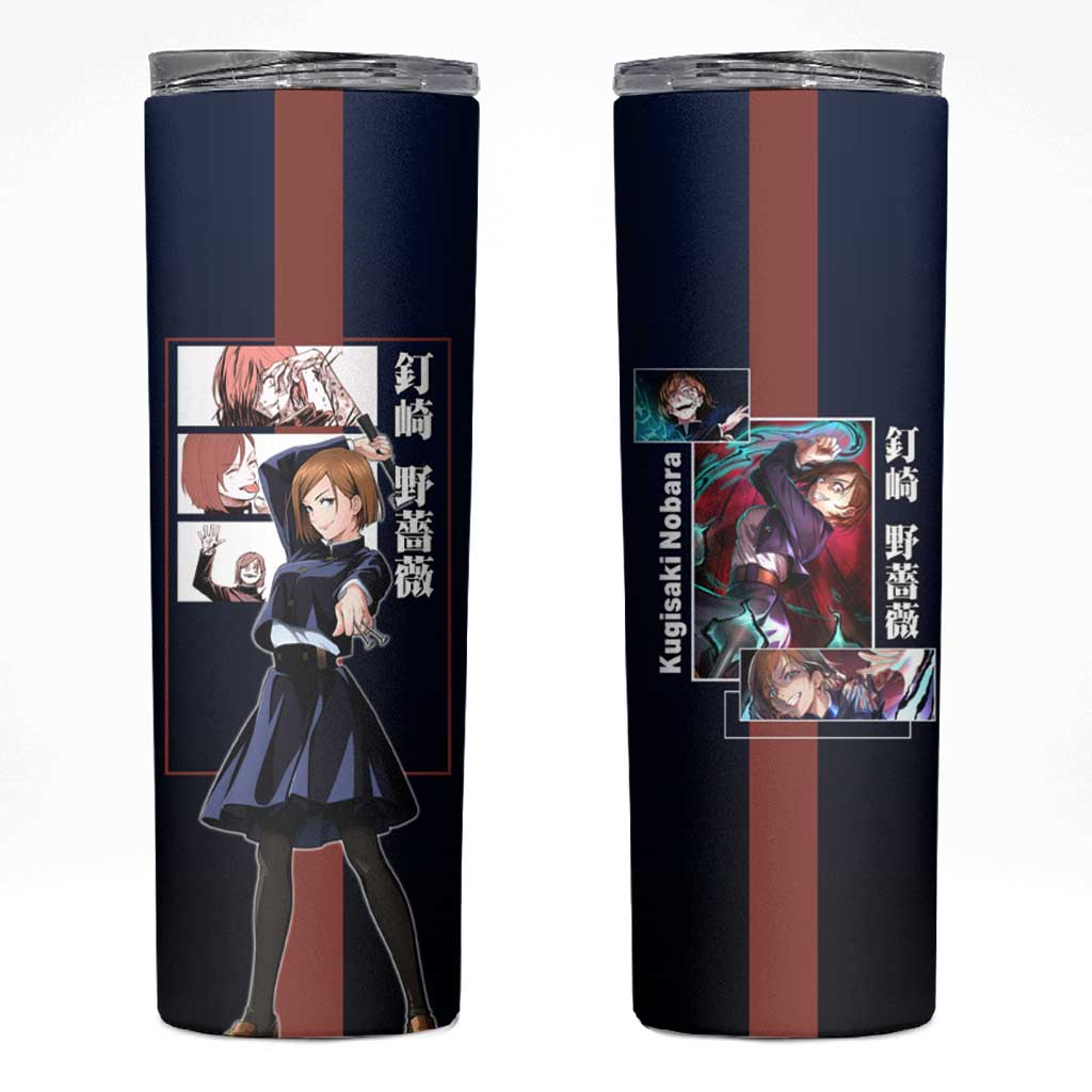 Nobara Kugisaki from Jujutsu Kaisen Skinny Tumbler with Dark Blue and Red Background and Multiple Poses Design - The Mazicc