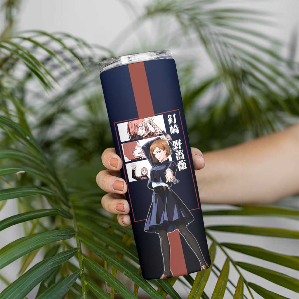 Nobara Kugisaki from Jujutsu Kaisen Skinny Tumbler with Dark Blue and Red Background and Multiple Poses Design - The Mazicc