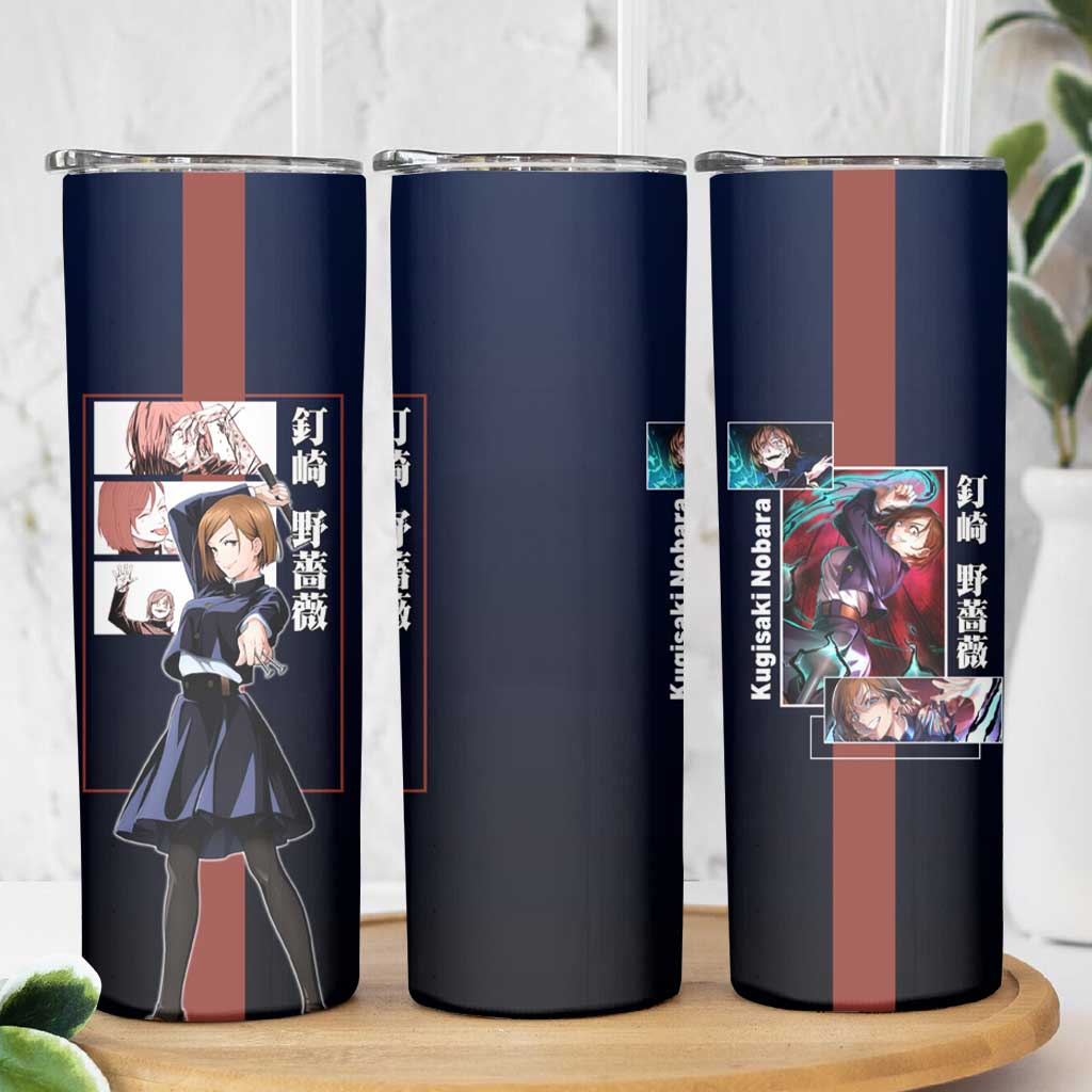 Nobara Kugisaki from Jujutsu Kaisen Skinny Tumbler with Dark Blue and Red Background and Multiple Poses Design - The Mazicc