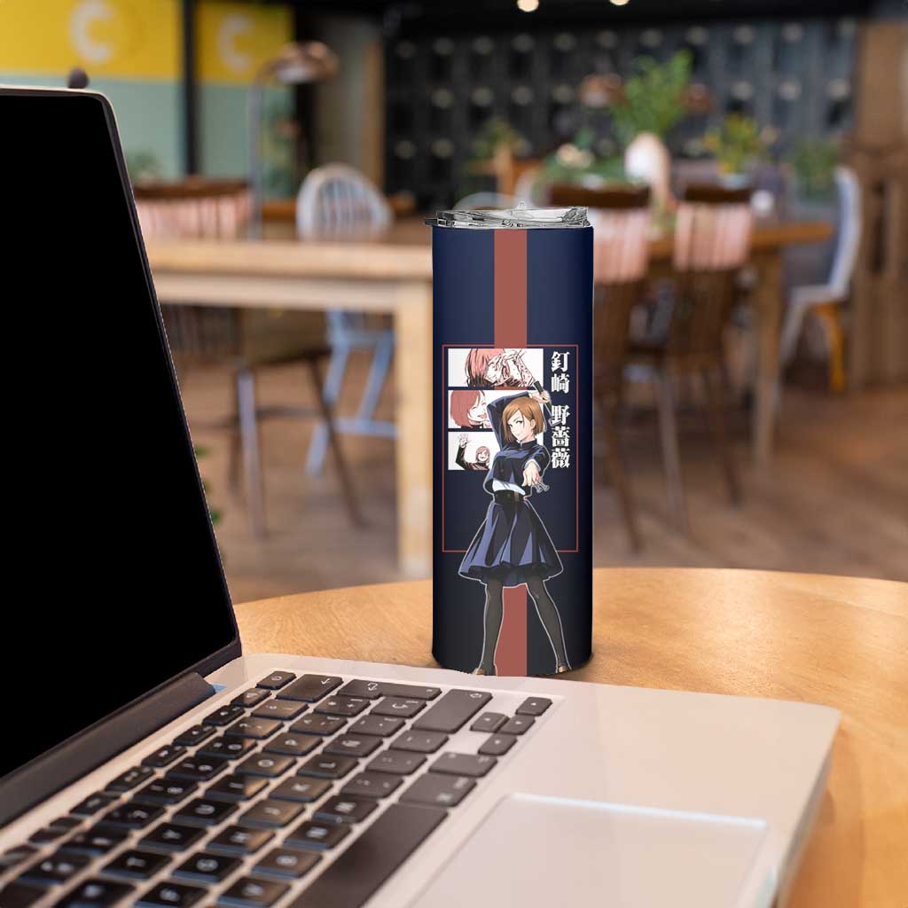 Nobara Kugisaki from Jujutsu Kaisen Skinny Tumbler with Dark Blue and Red Background and Multiple Poses Design - The Mazicc