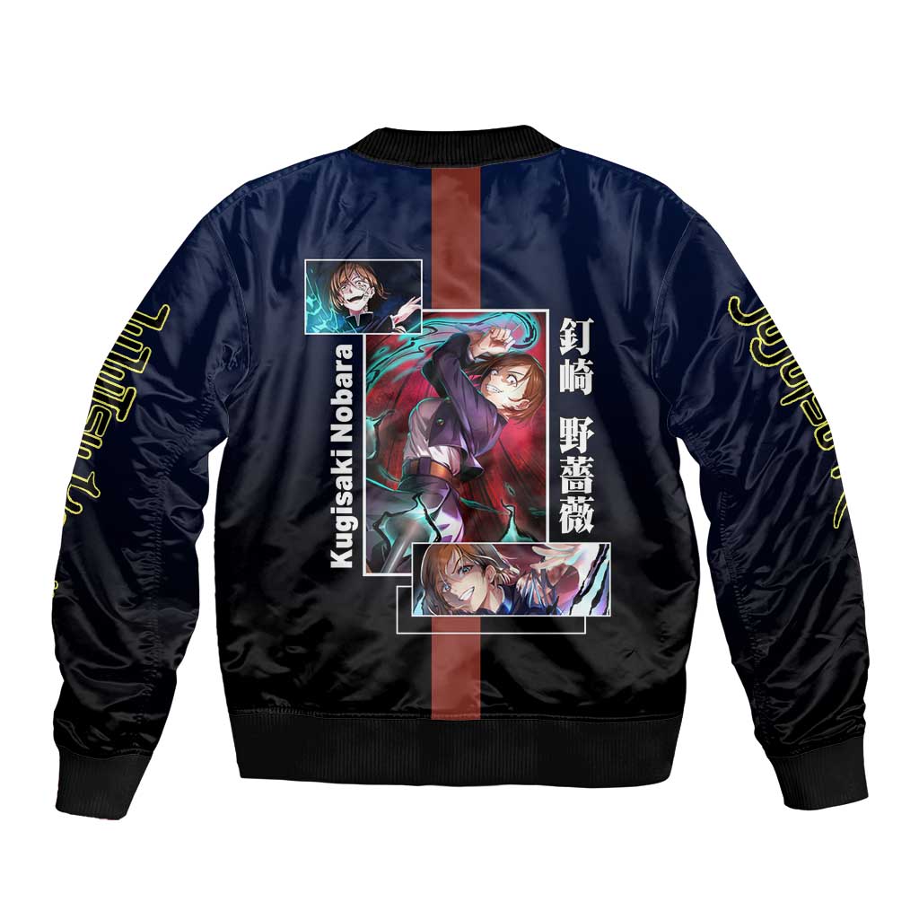 Nobara Kugisaki from Jujutsu Kaisen Sleeve Zip Bomber Jacket with Dark Blue and Red Background and Multiple Poses Design - The Mazicc