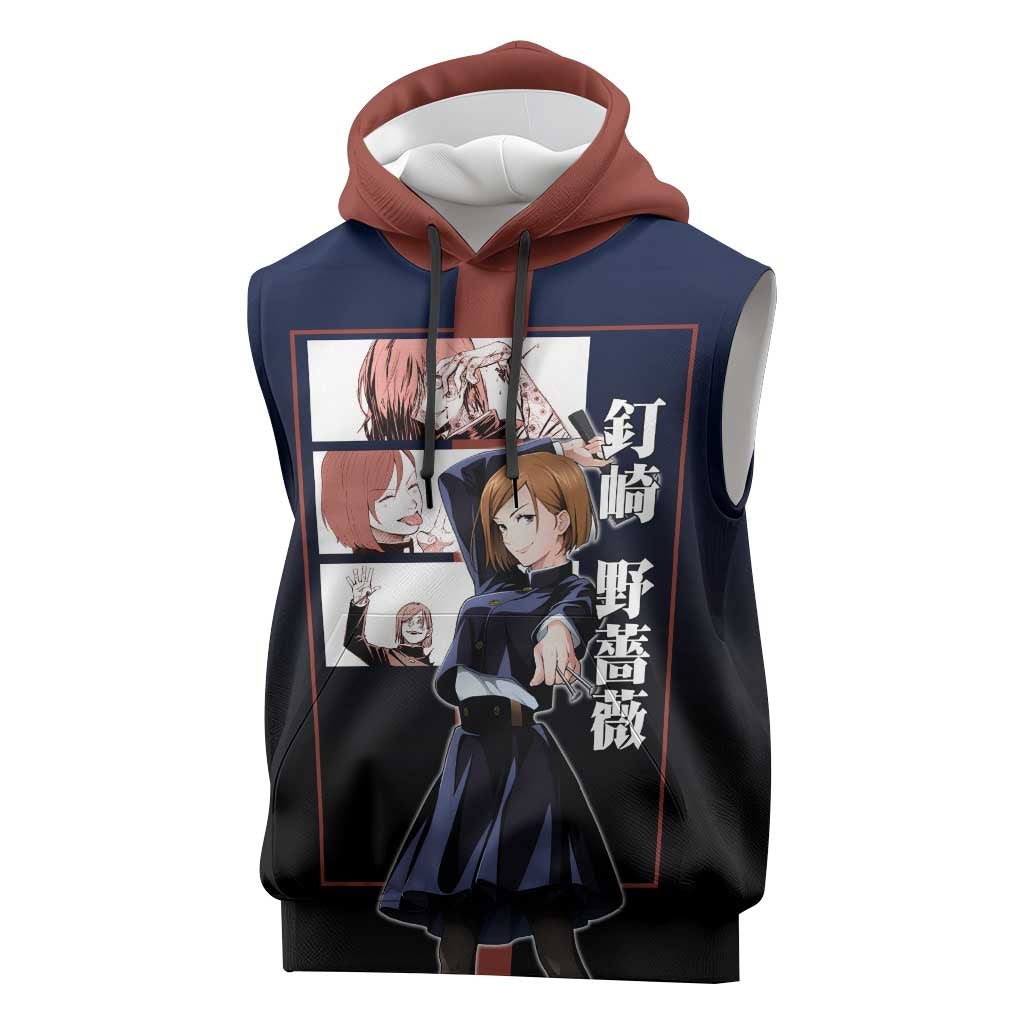 Nobara Kugisaki from Jujutsu Kaisen Sleeveless Hoodie with Dark Blue and Red Background and Multiple Poses Design - The Mazicc