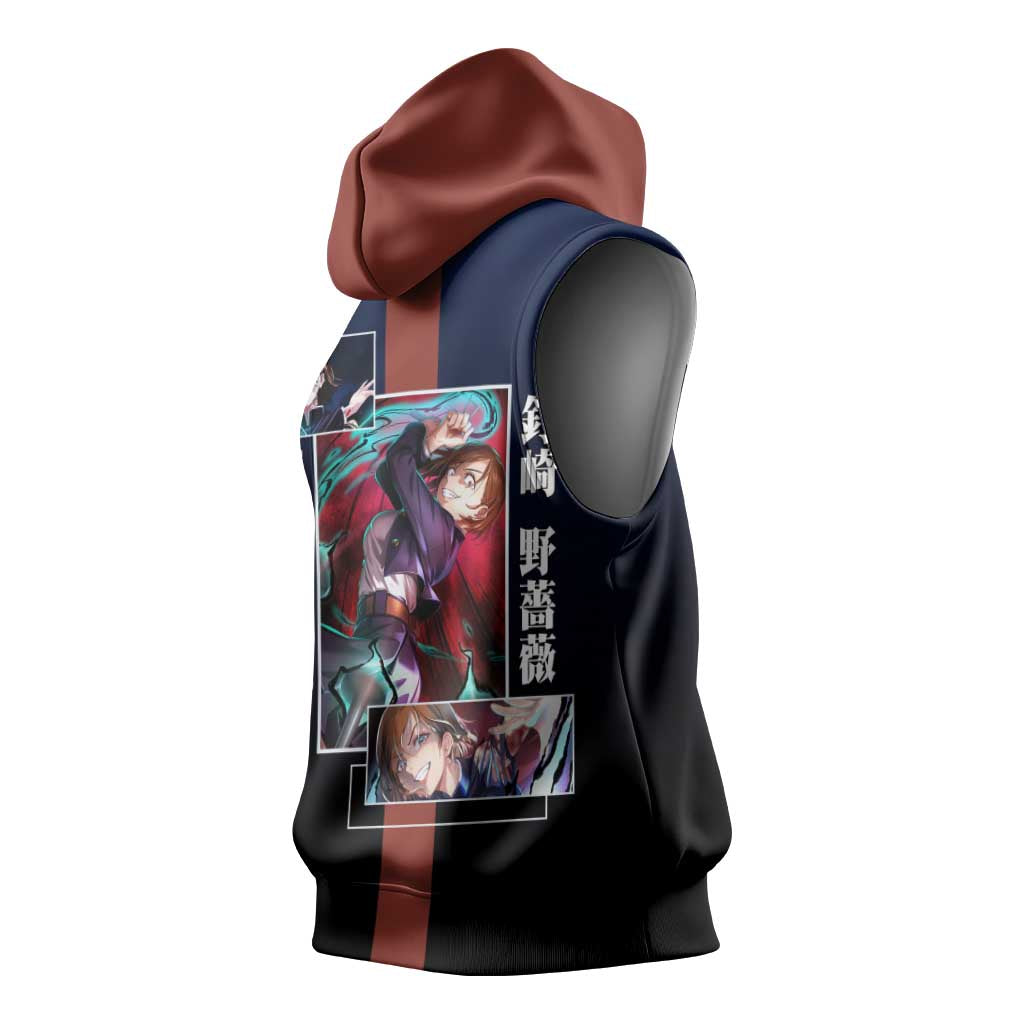 Nobara Kugisaki from Jujutsu Kaisen Sleeveless Hoodie with Dark Blue and Red Background and Multiple Poses Design - The Mazicc