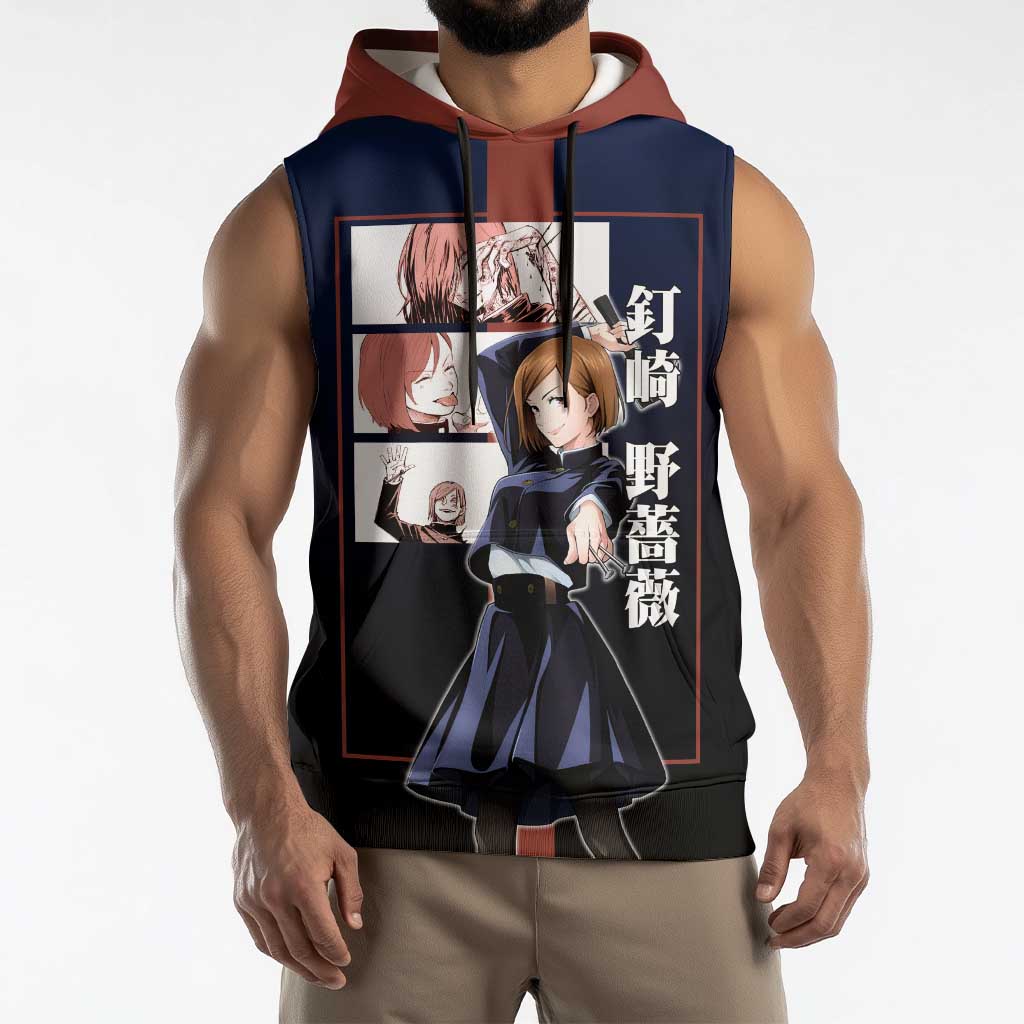 Nobara Kugisaki from Jujutsu Kaisen Sleeveless Hoodie with Dark Blue and Red Background and Multiple Poses Design - The Mazicc