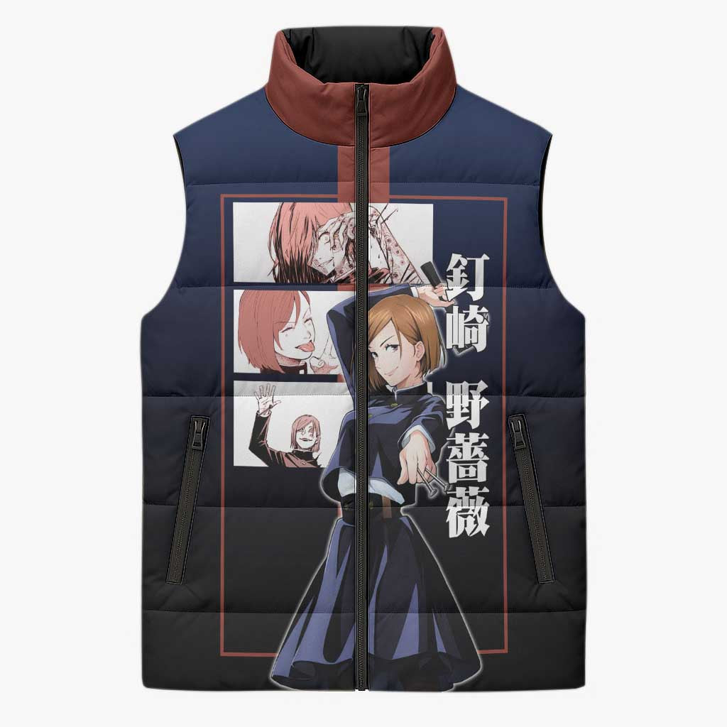Nobara Kugisaki from Jujutsu Kaisen Sleeveless Puffer Jacket with Dark Blue and Red Background and Multiple Poses Design - The Mazicc