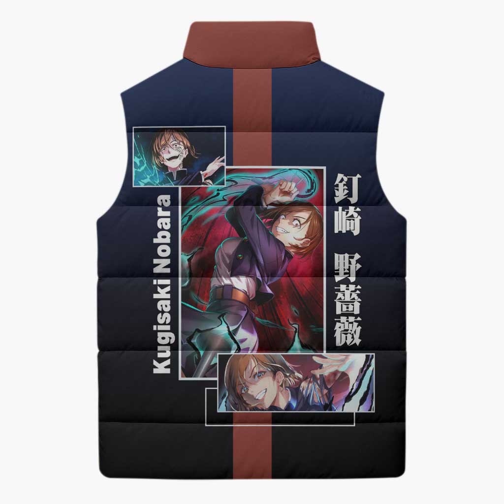 Nobara Kugisaki from Jujutsu Kaisen Sleeveless Puffer Jacket with Dark Blue and Red Background and Multiple Poses Design - The Mazicc