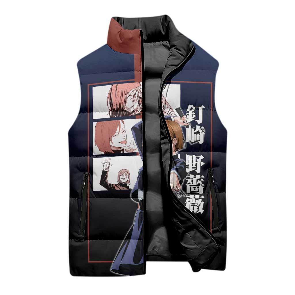 Nobara Kugisaki from Jujutsu Kaisen Sleeveless Puffer Jacket with Dark Blue and Red Background and Multiple Poses Design - The Mazicc