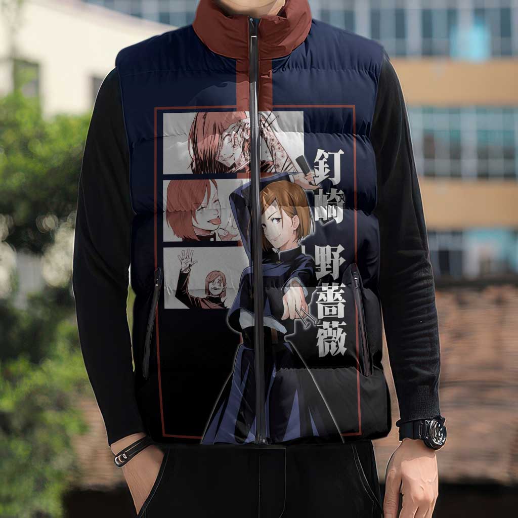 Nobara Kugisaki from Jujutsu Kaisen Sleeveless Puffer Jacket with Dark Blue and Red Background and Multiple Poses Design - The Mazicc