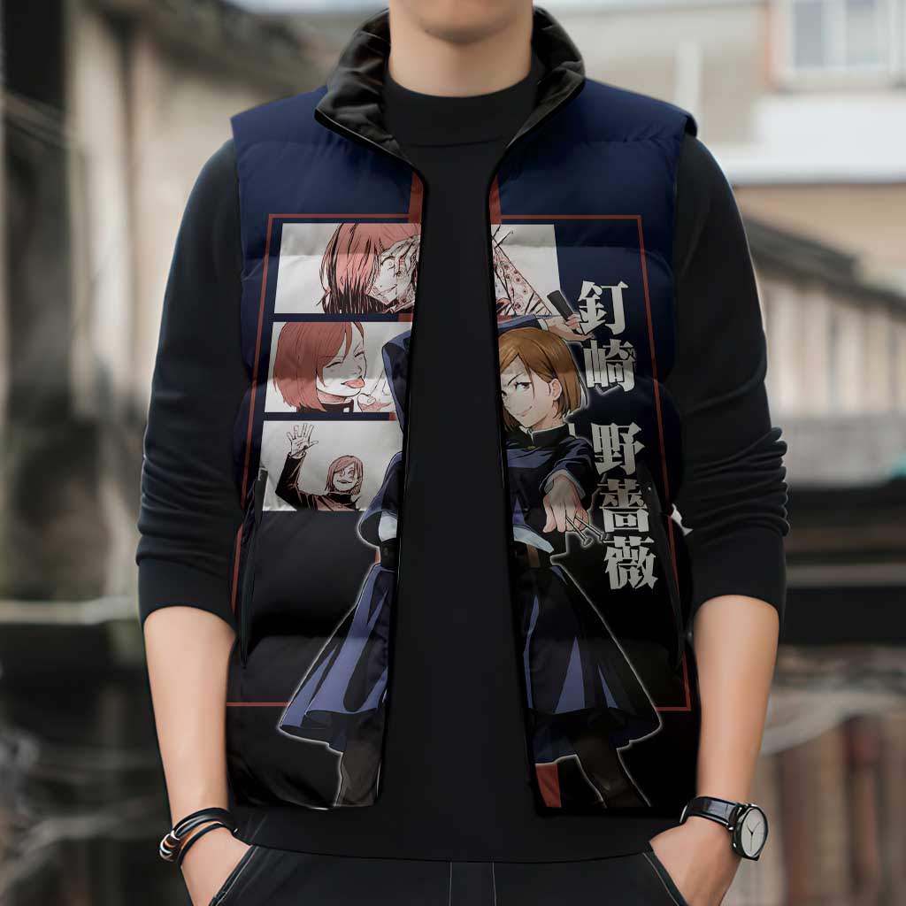 Nobara Kugisaki from Jujutsu Kaisen Sleeveless Puffer Jacket with Dark Blue and Red Background and Multiple Poses Design - The Mazicc