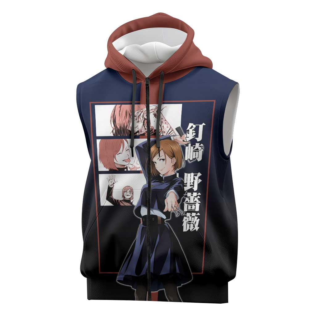 Nobara Kugisaki from Jujutsu Kaisen Sleeveless Zip Hoodie with Dark Blue and Red Background and Multiple Poses Design - The Mazicc