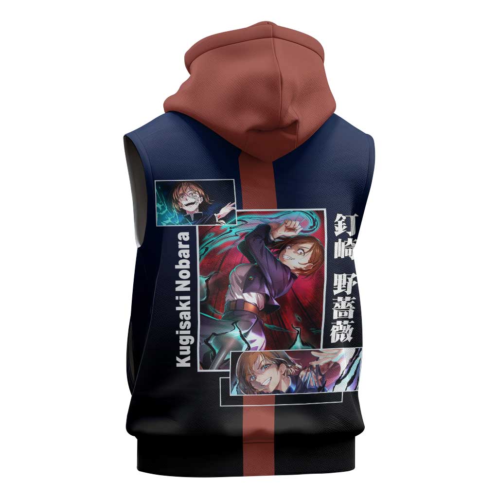 Nobara Kugisaki from Jujutsu Kaisen Sleeveless Zip Hoodie with Dark Blue and Red Background and Multiple Poses Design - The Mazicc