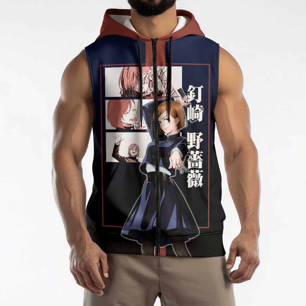 Nobara Kugisaki from Jujutsu Kaisen Sleeveless Zip Hoodie with Dark Blue and Red Background and Multiple Poses Design - The Mazicc