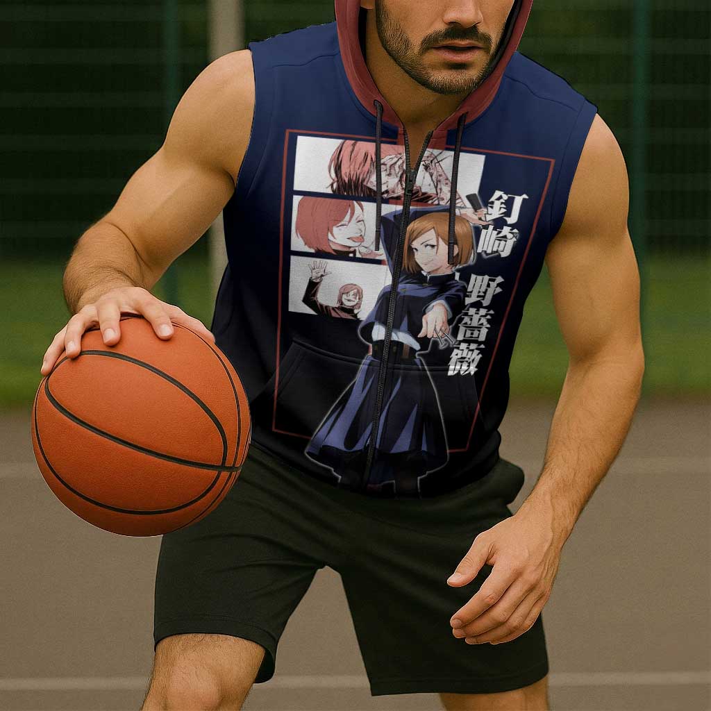 Nobara Kugisaki from Jujutsu Kaisen Sleeveless Zip Hoodie with Dark Blue and Red Background and Multiple Poses Design - The Mazicc