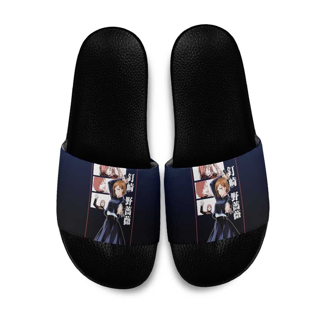 Nobara Kugisaki from Jujutsu Kaisen Slide Sandals with Dark Blue and Red Background and Multiple Poses Design - The Mazicc
