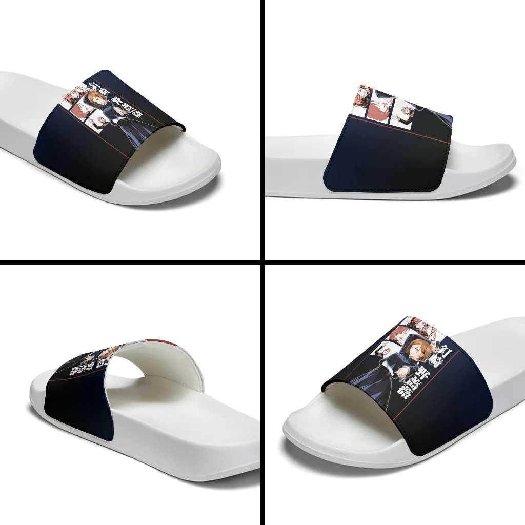 Nobara Kugisaki from Jujutsu Kaisen Slide Sandals with Dark Blue and Red Background and Multiple Poses Design - The Mazicc