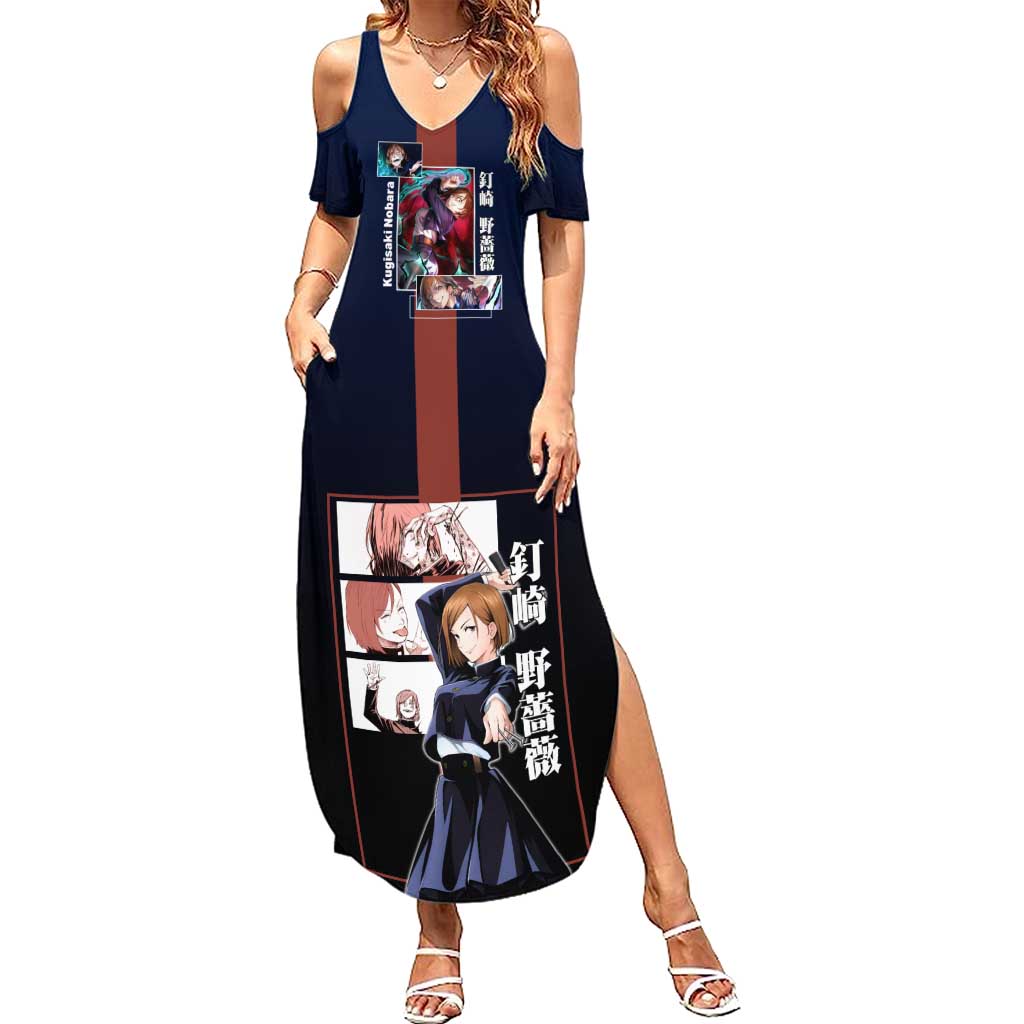 Nobara Kugisaki from Jujutsu Kaisen Summer Maxi Dress with Dark Blue and Red Background and Multiple Poses Design - The Mazicc