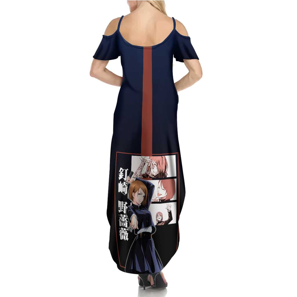 Nobara Kugisaki from Jujutsu Kaisen Summer Maxi Dress with Dark Blue and Red Background and Multiple Poses Design - The Mazicc