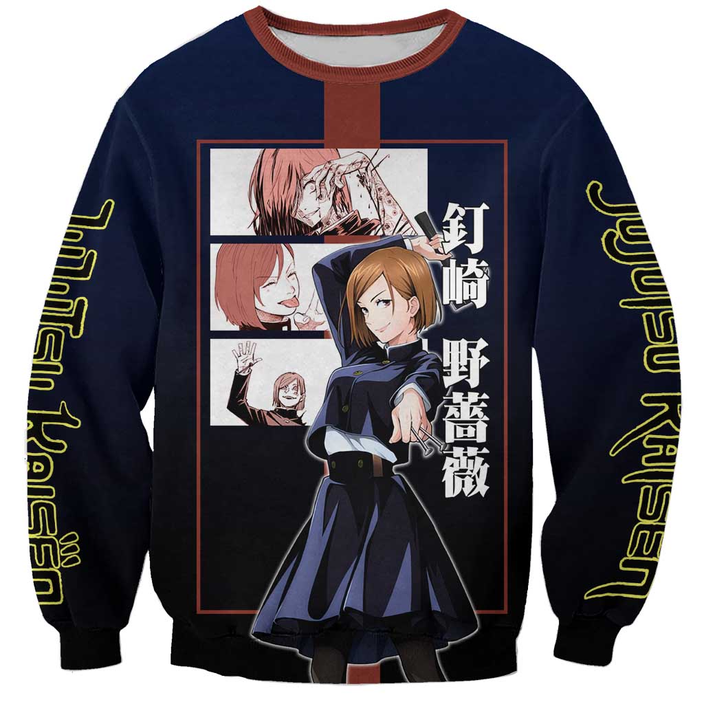 Nobara Kugisaki from Jujutsu Kaisen Sweatshirt with Dark Blue and Red Background and Multiple Poses Design - The Mazicc