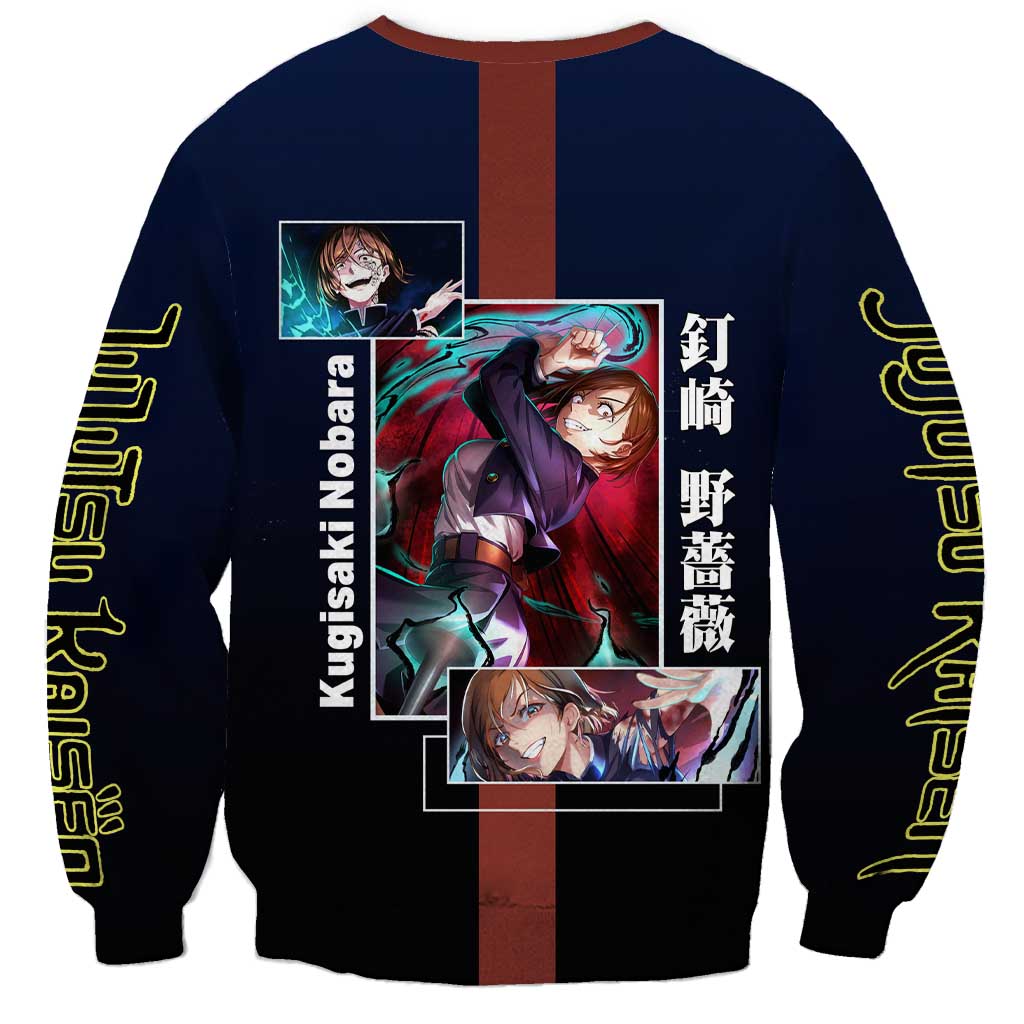 Nobara Kugisaki from Jujutsu Kaisen Sweatshirt with Dark Blue and Red Background and Multiple Poses Design - The Mazicc