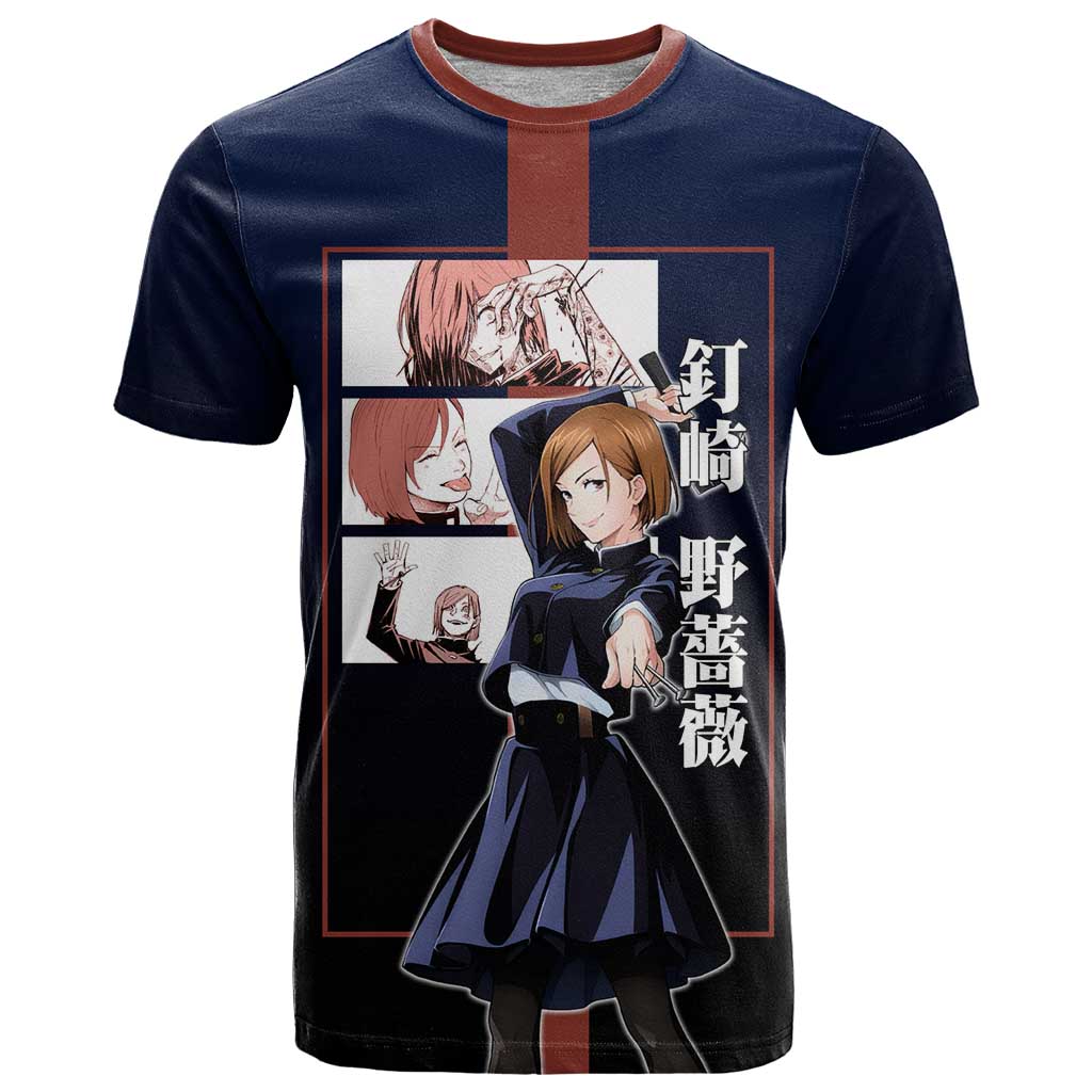 Nobara Kugisaki from Jujutsu Kaisen T Shirt with Dark Blue and Red Background and Multiple Poses Design - The Mazicc