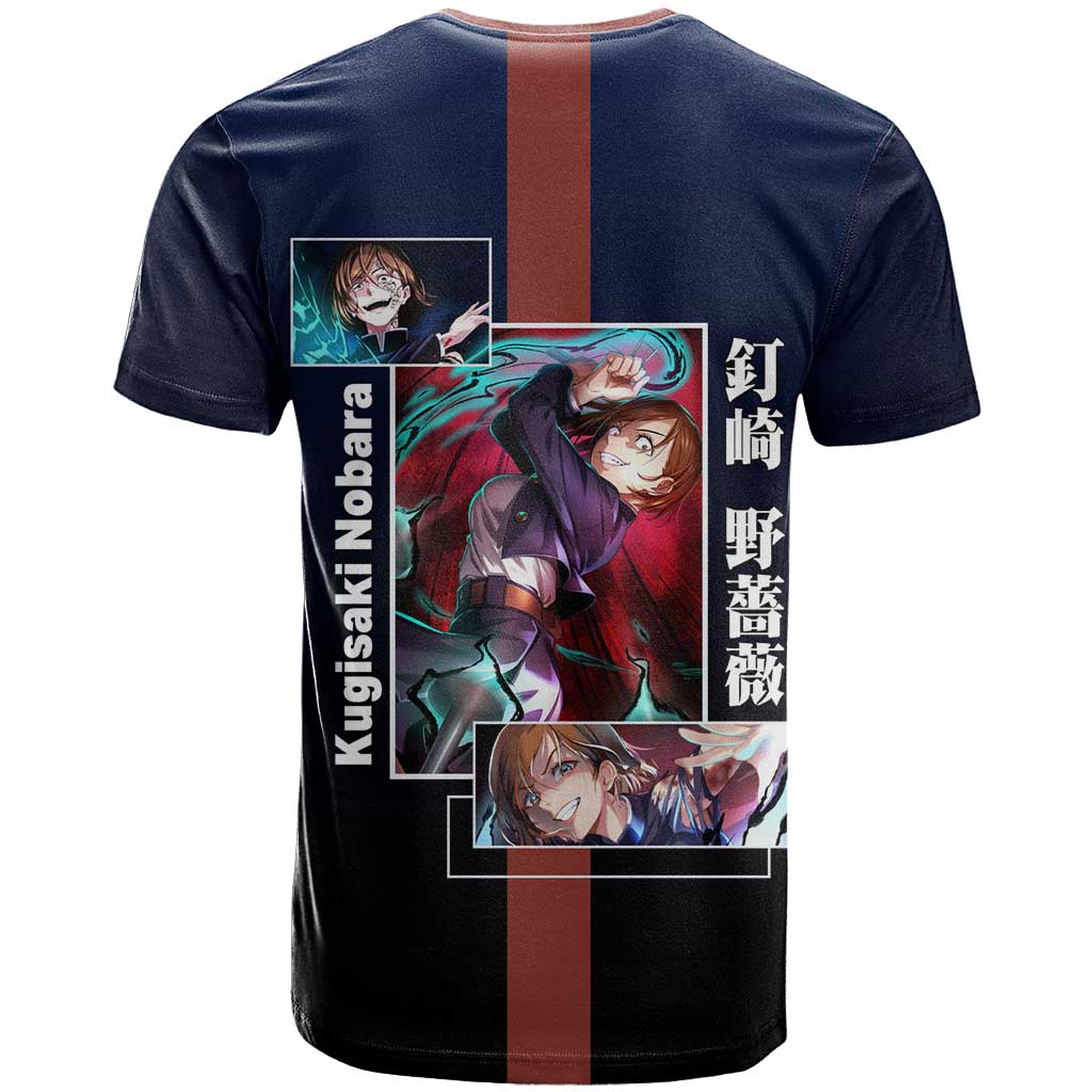 Nobara Kugisaki from Jujutsu Kaisen T Shirt with Dark Blue and Red Background and Multiple Poses Design - The Mazicc